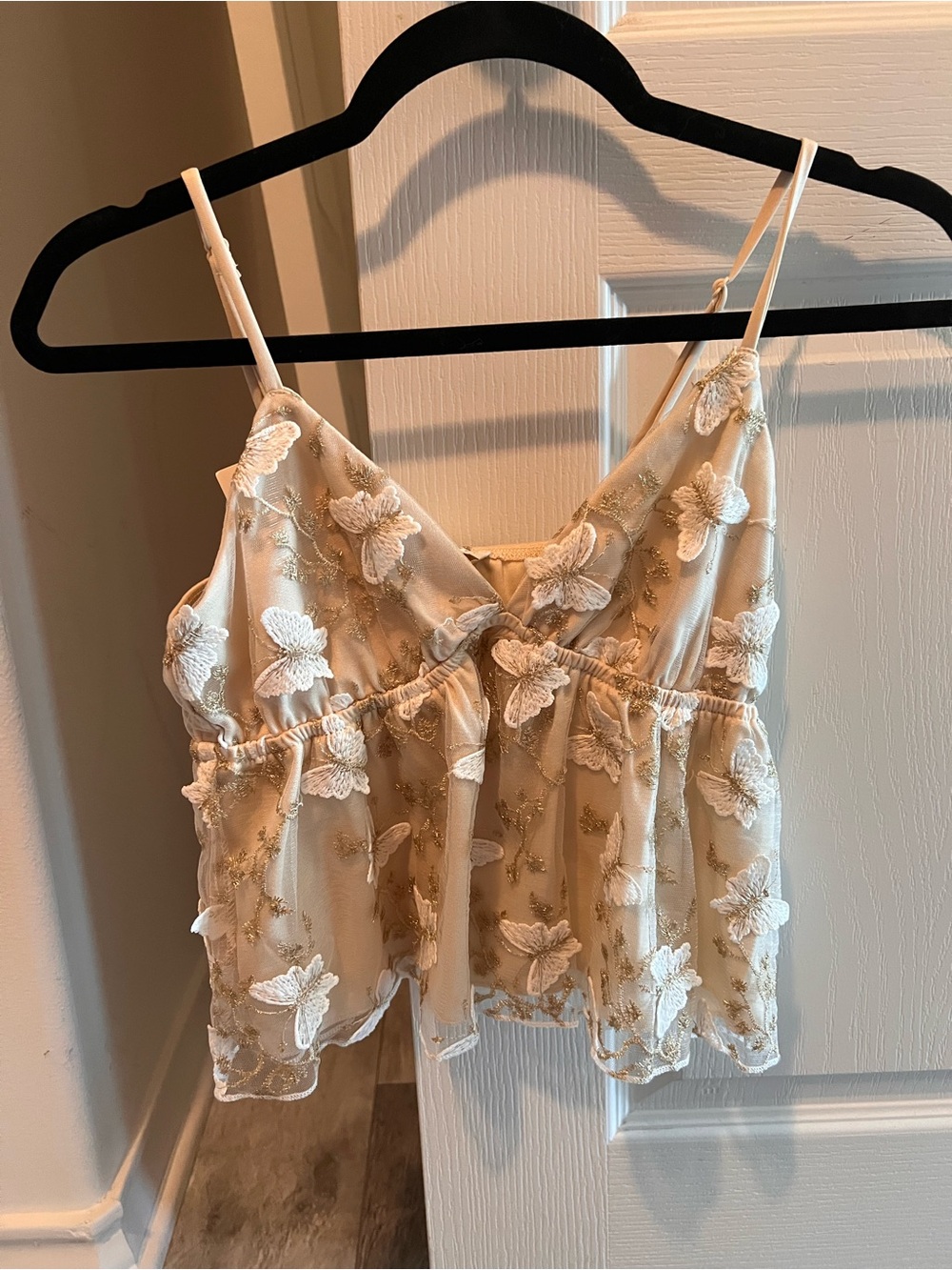 Delicate Cream Floral Embroidered Spaghetti Strap Top